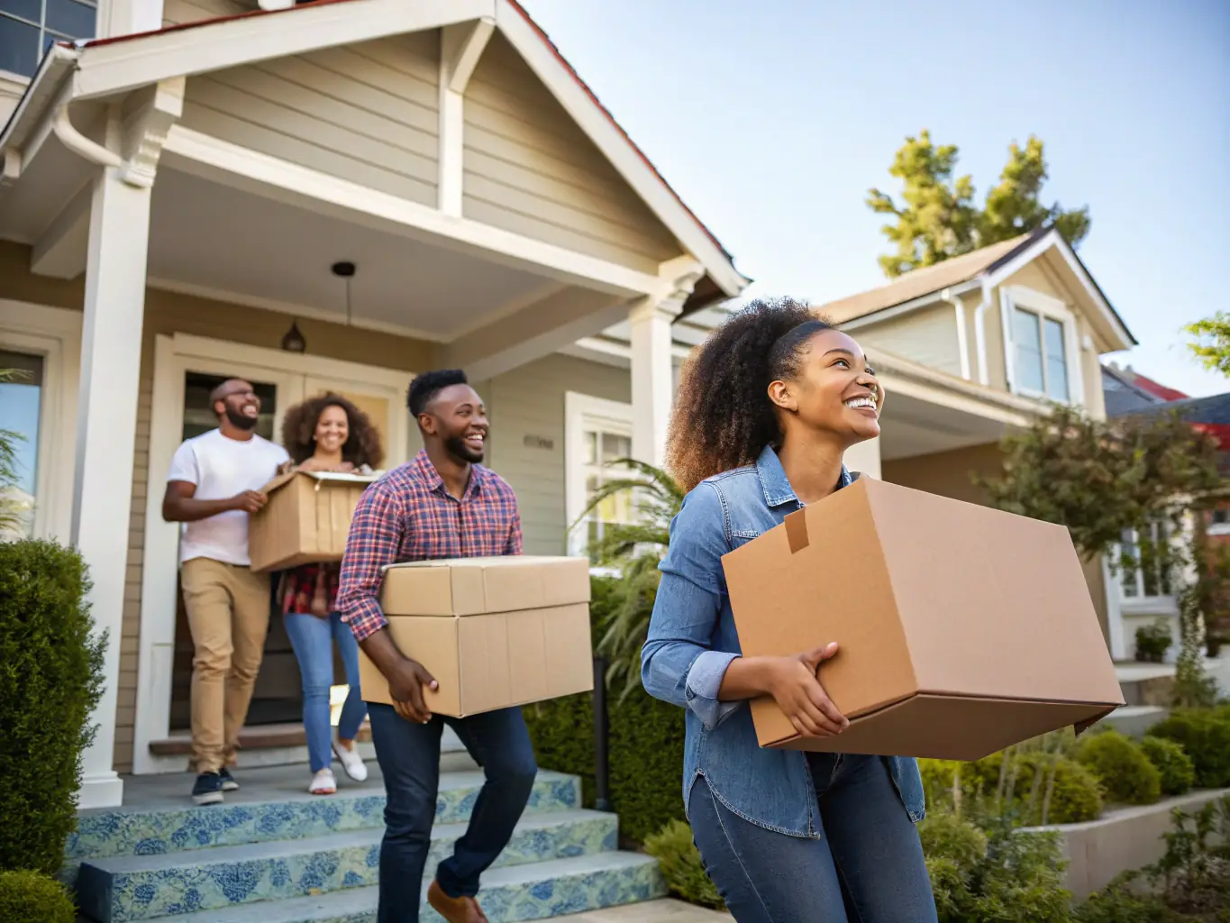 A picture of a diverse group of tenants happily moving into a new rental property, symbolizing successful tenant placement.