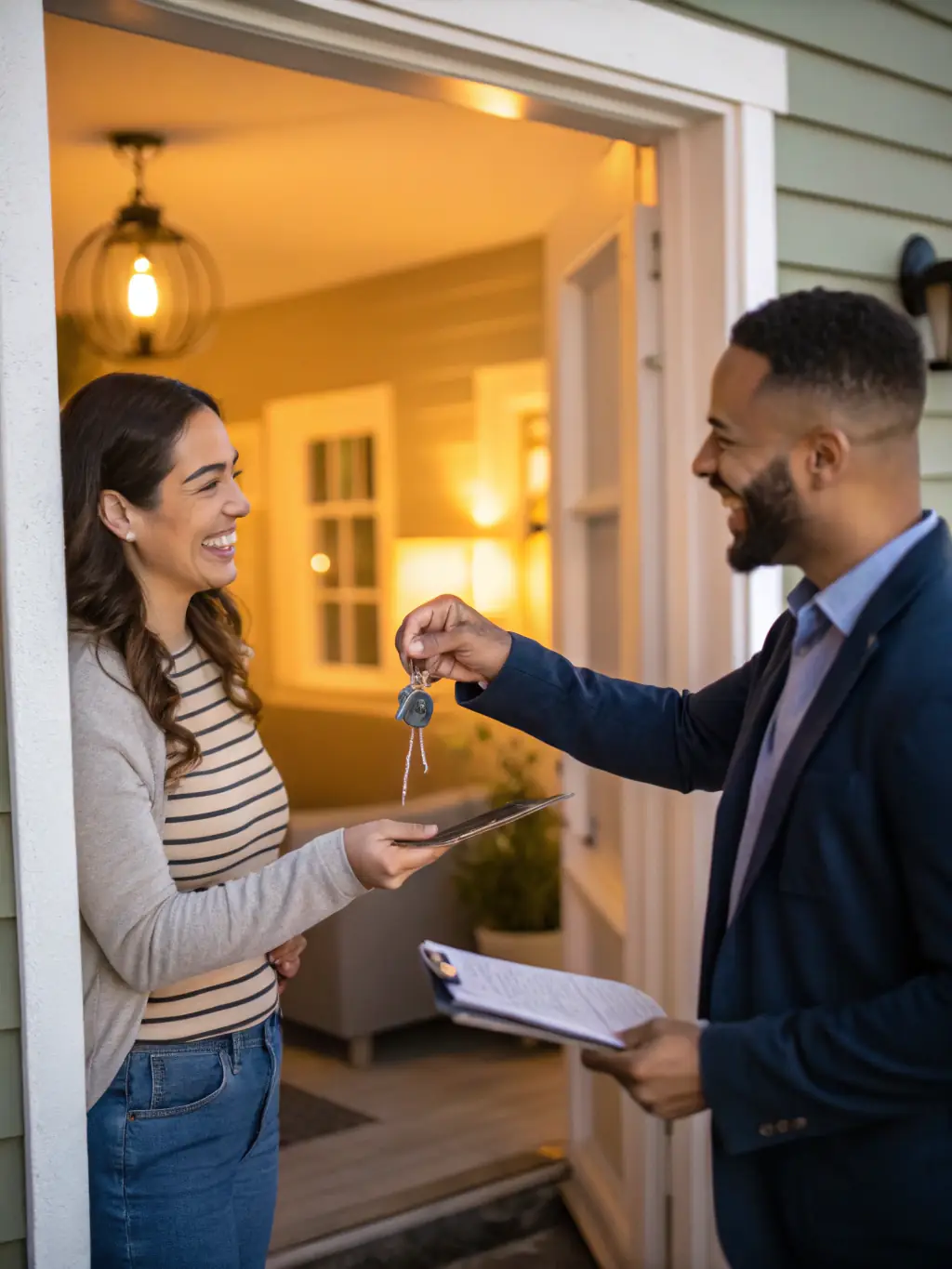 A homeowner handing over keys to a 'You Relax. We Rent.' representative, symbolizing the initial consultation and property assessment.