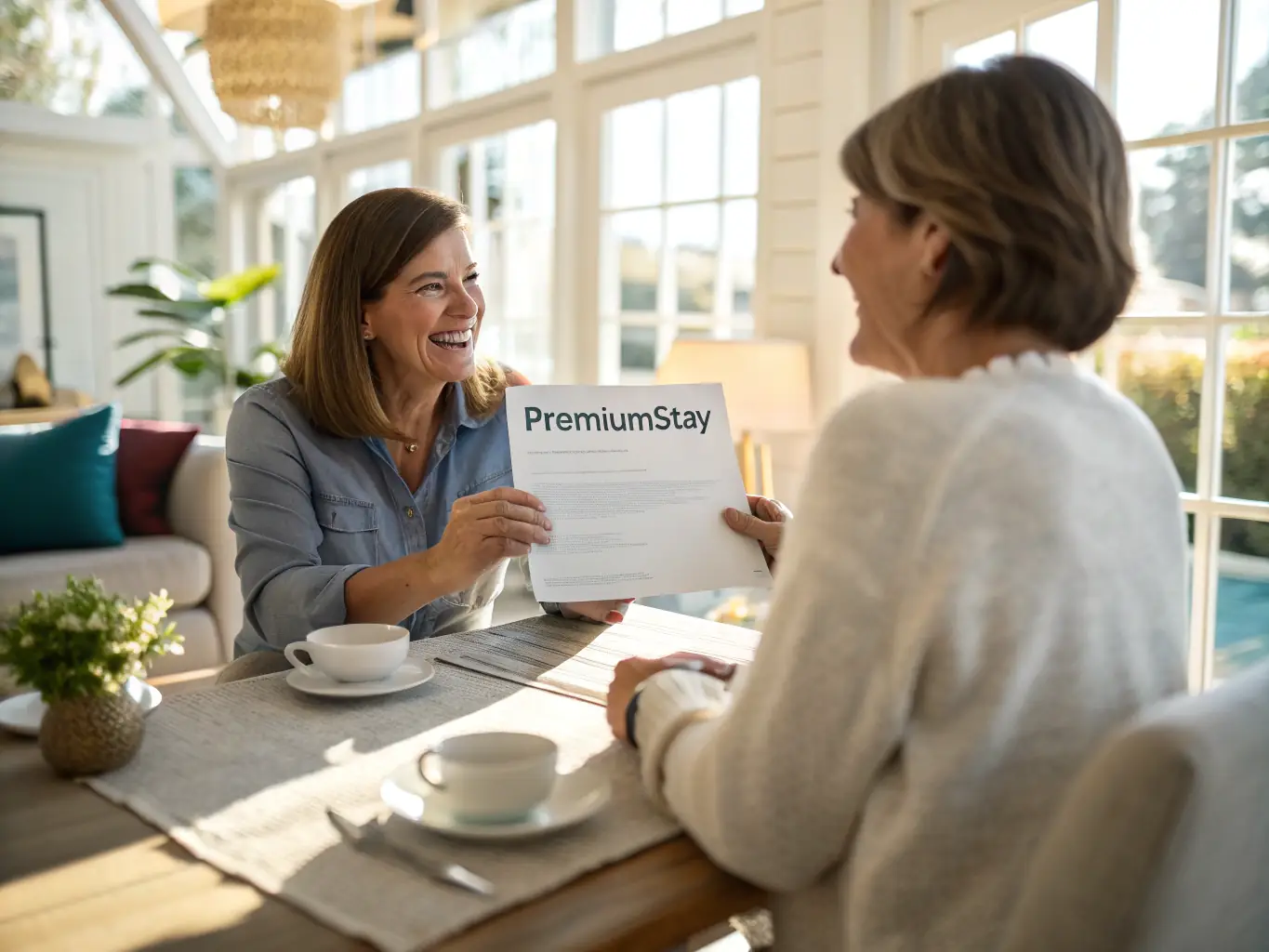 A professional photograph of a homeowner smiling and relaxed while sitting in a comfortable chair in their living room, with a subtle background showing a well-managed rental property.