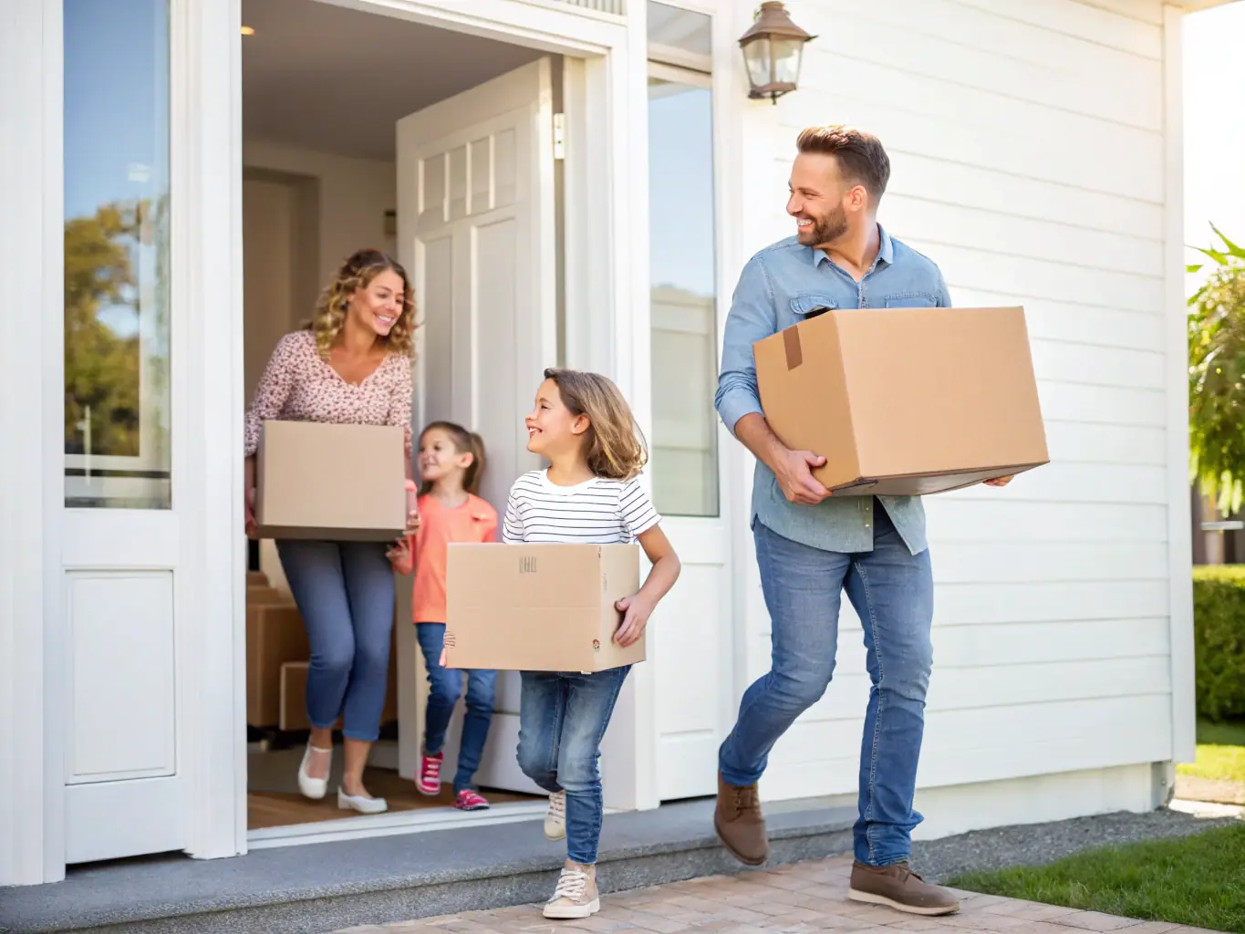 A photograph depicting a happy family moving into their new rental home, symbolizing the successful tenant placement achieved through effective screening.