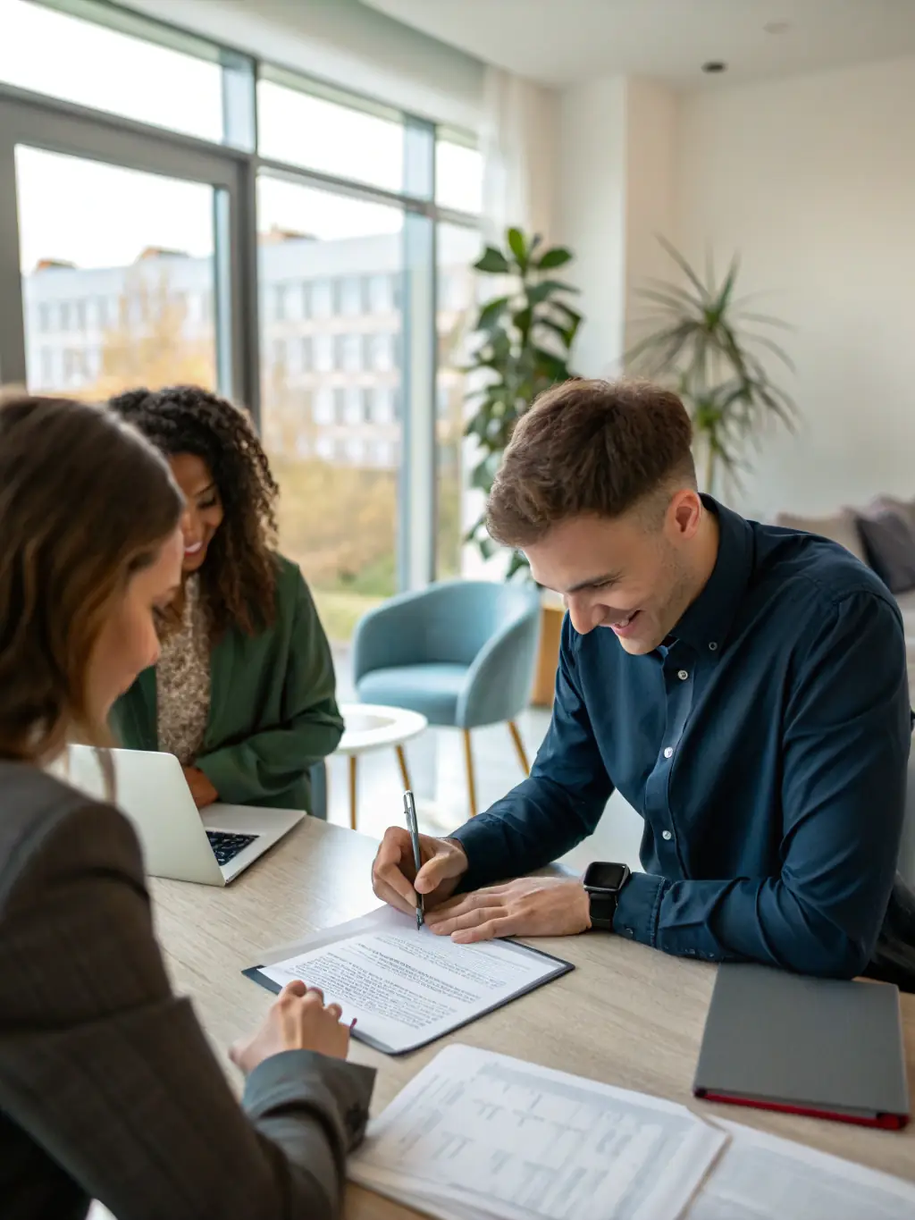 A person signing a rental agreement with a smile, representing the smooth and professional rental agreement process managed by You Relax. We Rent.